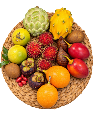 Box Découverte Fruits Exotiques S – 9 variétés de fruits rares, 18 pièces et un sachet de baies du miracle