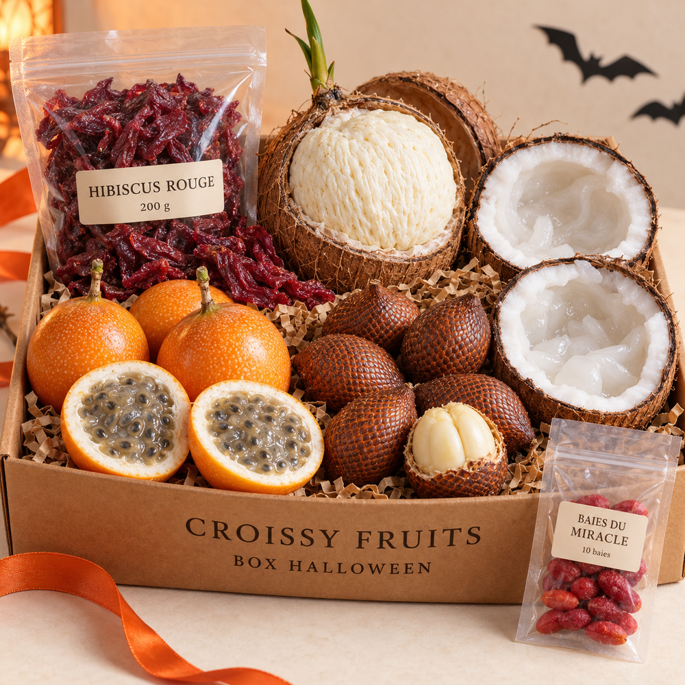 Box Halloween Croissy Fruits, le panier des petits monstres : baie du miracle, fruit du serpent, coco macapuno, grenadille, hibiscus rouge et noix de coco germée