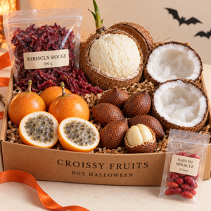 Box Halloween Croissy Fruits, le panier des petits monstres : baie du miracle, fruit du serpent, coco macapuno, grenadille, hibiscus rouge et noix de coco germée