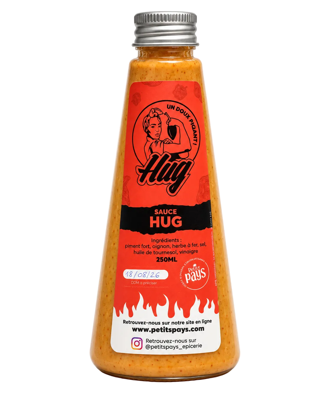 Sauce Hug originale de Guadeloupe, sauce piment à l'herbe à fer, flacon 250 ml