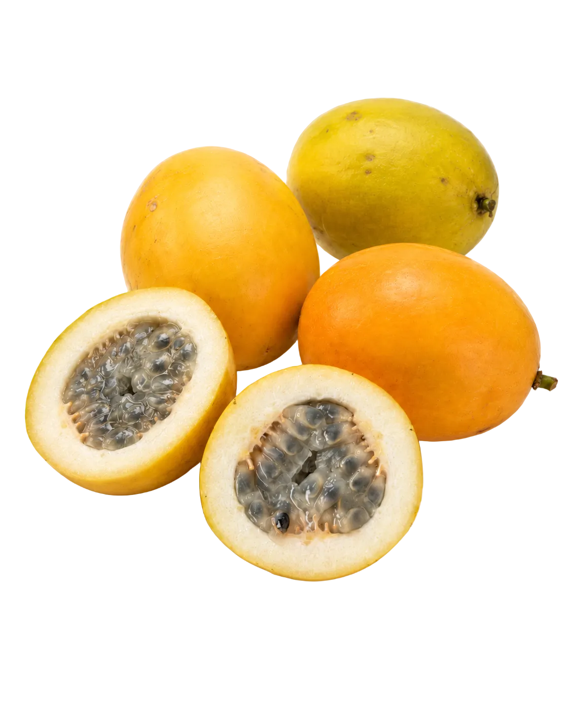 Pommes liane de Guadeloupe entières et ouvertes, fruit de la passion doux des chemins créoles