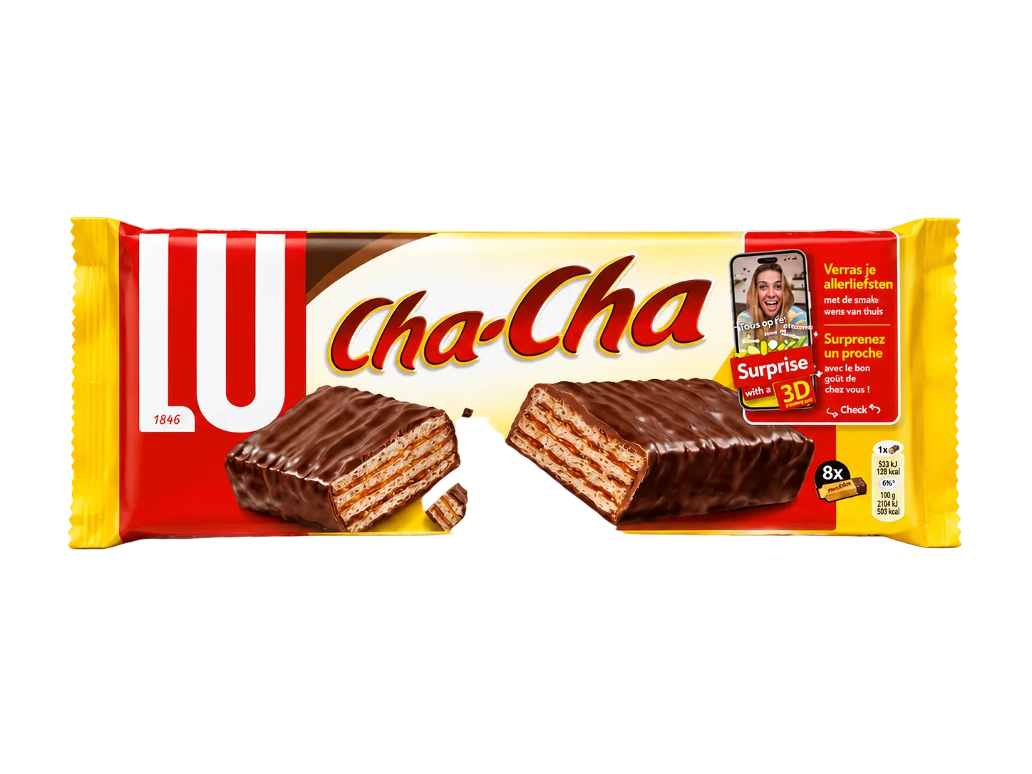 Paquet de Cha-Cha LU, gaufrettes caramel chocolat, le biscuit culte des Antilles