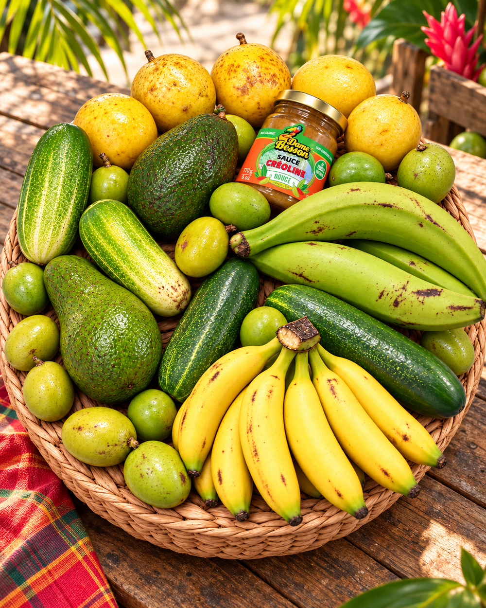 Box antillaise taille moyenne Un bout des Antilles présentée sur une table en bois avec un madras, prête à partager