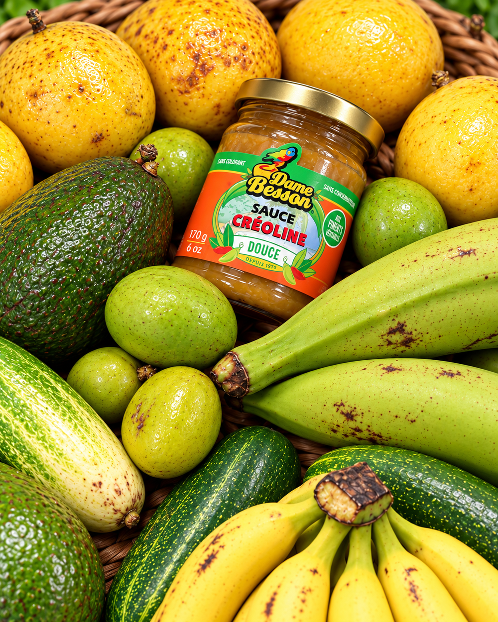 Vue rapprochée des fruits et légumes de la box antillaise Un bout des Antilles : maracudja, avocat, concombre péyi, plantains, bananes et sauce créoline douce