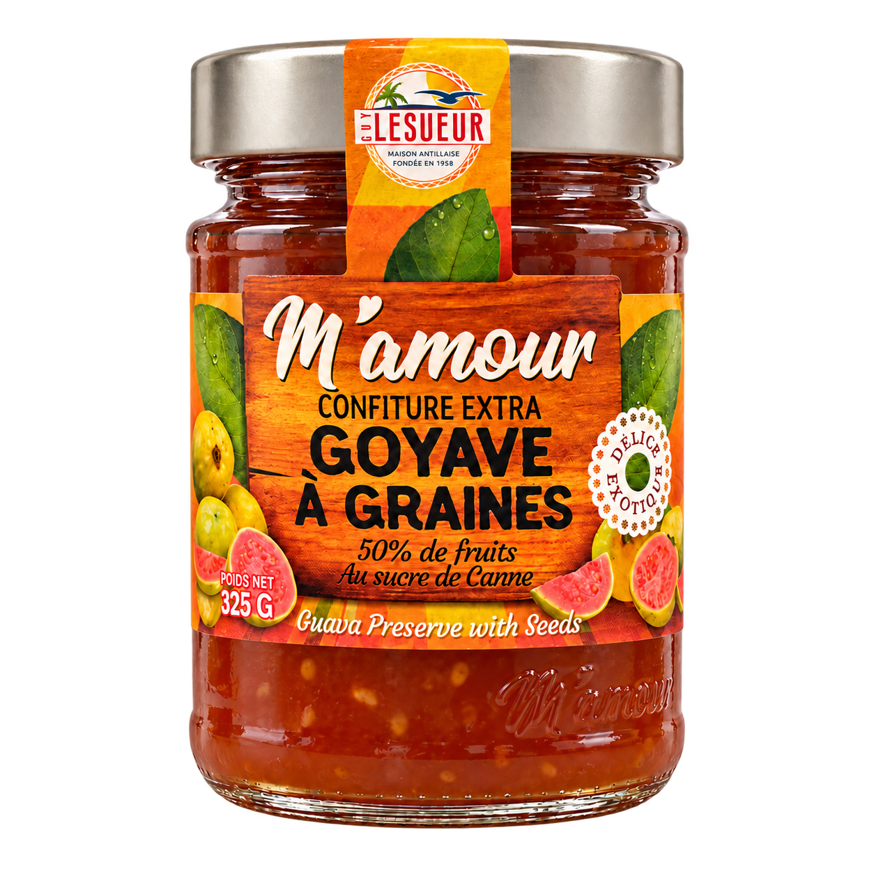 Confiture extra de goyave à graines M'amour de Guadeloupe, pot de 325 g