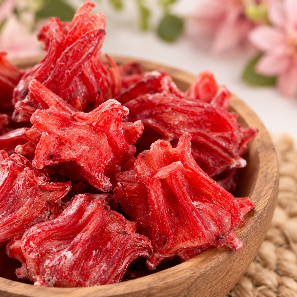 Hibiscus rouge deshydraté sucré — vue rapprochée