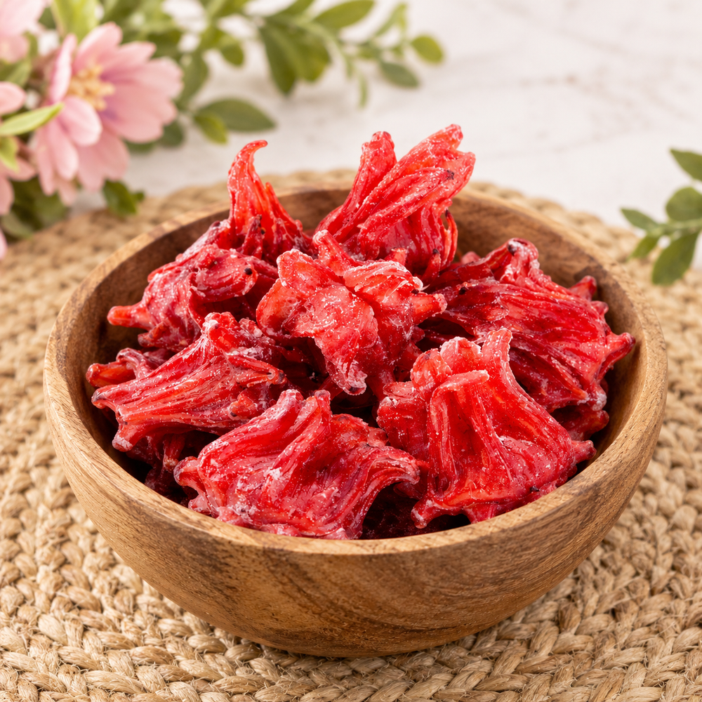 Hibiscus rouge deshydraté sucré — mise en scène