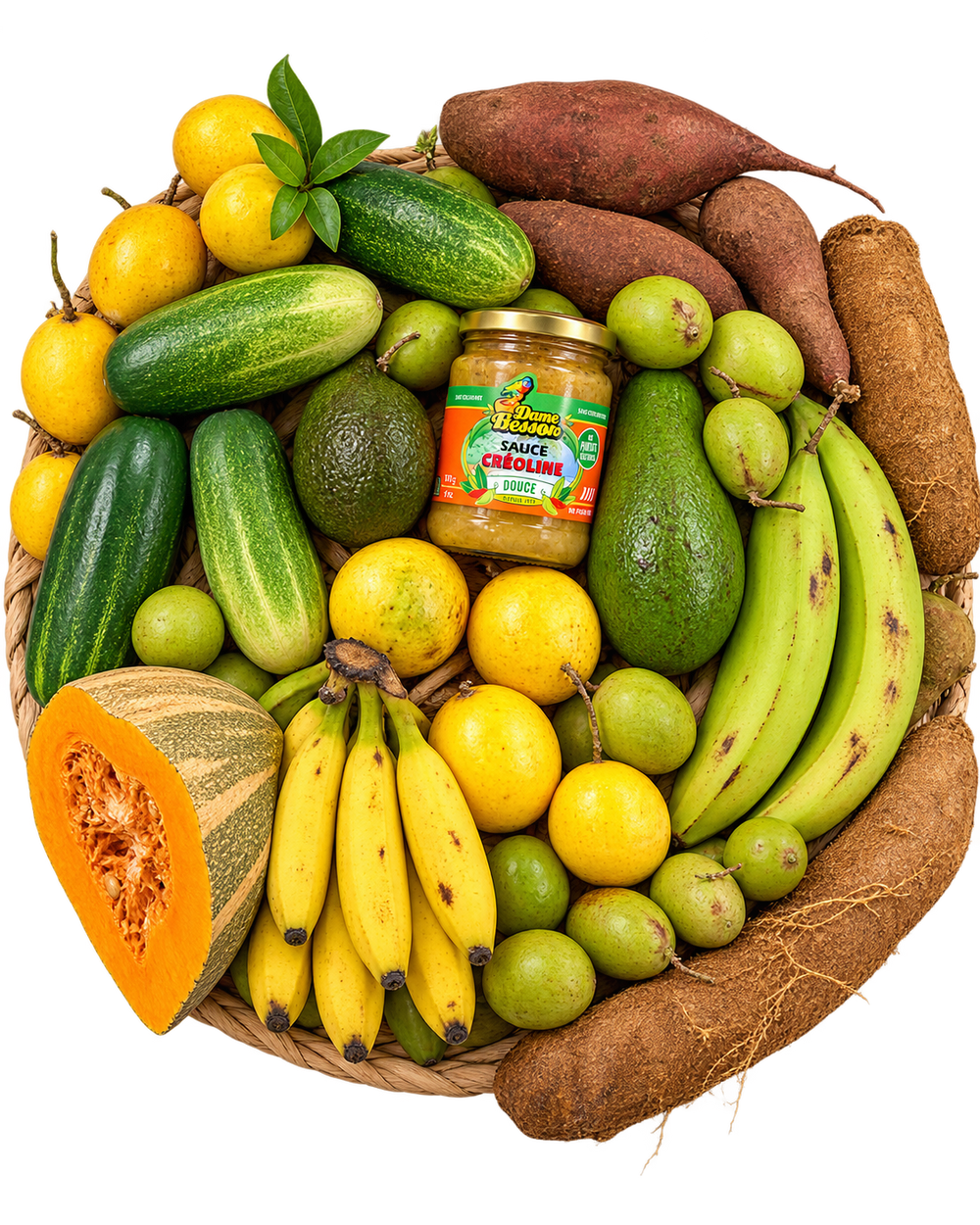 Box antillaise grande taille Un bout des Antilles : fruits et légumes frais de Guadeloupe, igname, giraumon, patate douce, pommes liane et pot de sauce créoline douce Dame Besson dans un panier tressé