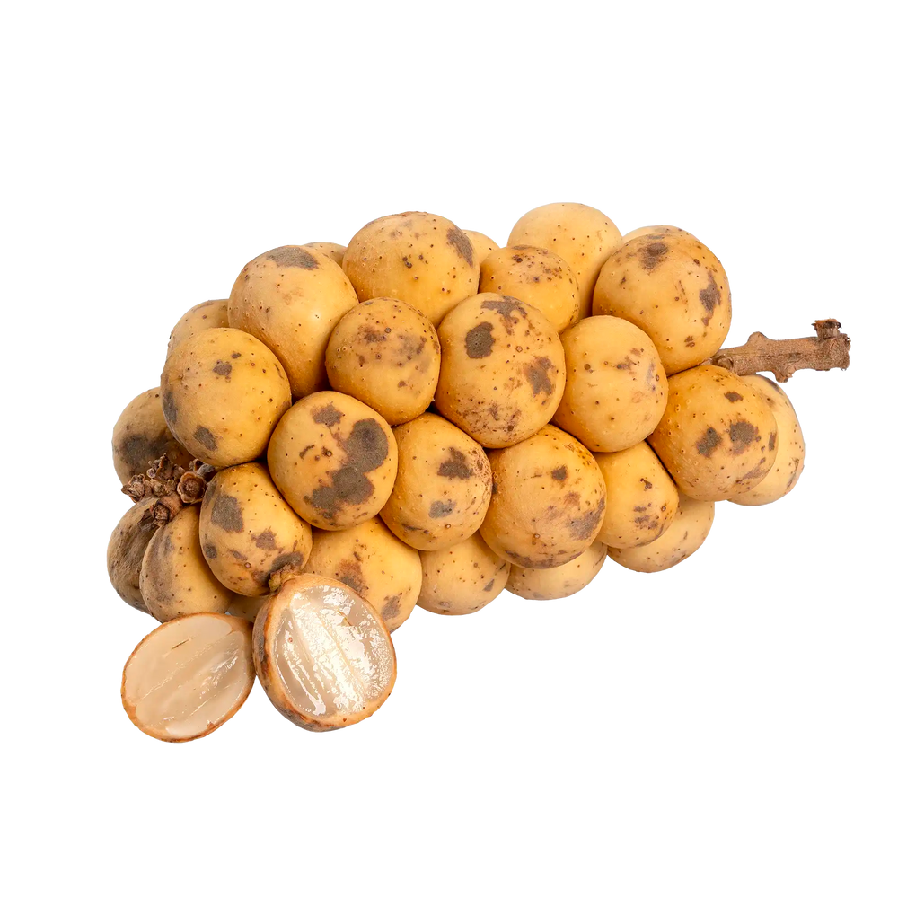 Longkong en barquette de 500 g, fruits exotiques ronds à la peau beige veloutée