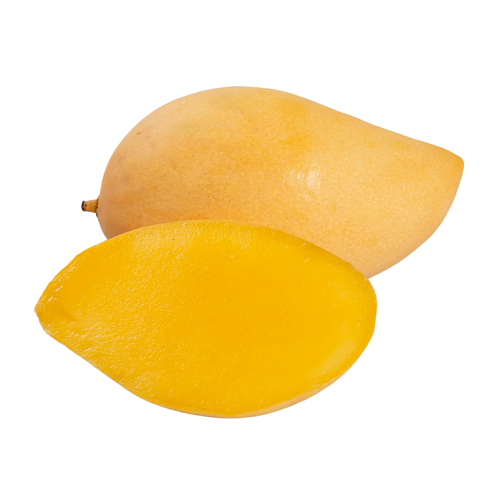 Mangue Thaï de l'Île de la Réunion, mangue allongée à la peau verte et à la chair jaune pâle