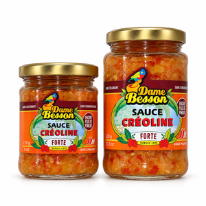 Sauce Créoline Forte Dame Besson – pots de 170 g et 320 g sur fond blanc